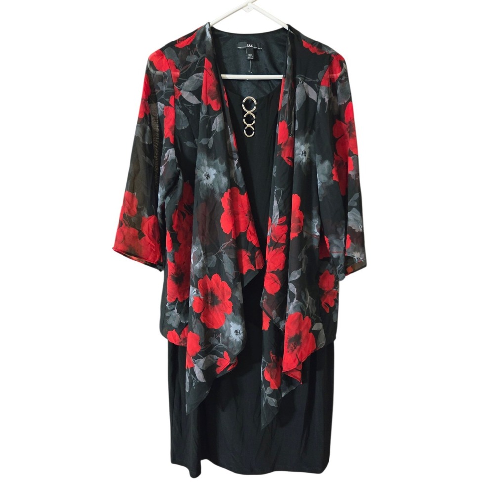R&K Floral Shift Dress Chiffon Black Red Gray Floral 14W 3/4-Sleeve NWOT Stretch